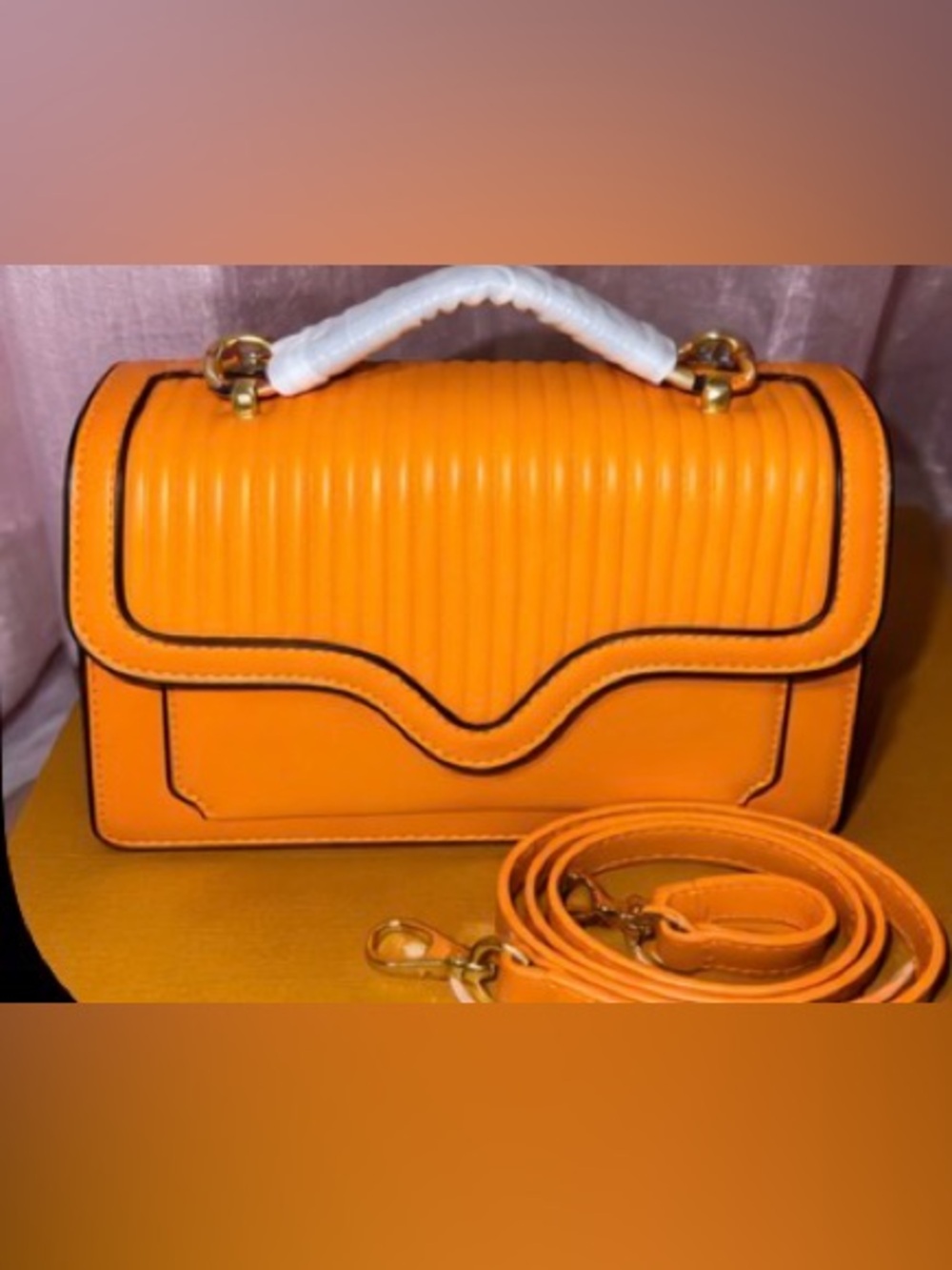 Ribbed Orange Top-Handle Satchel with Detachable Strap